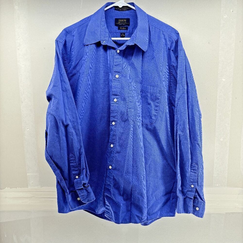Arrow‎ Golden Label Mens Large Gingham Mini Check Blue Button up Long Sleeve